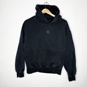 Ninth Hall Black Distressed Washed Boxy Hoodie Sweatshirt Mens Small Center Logo